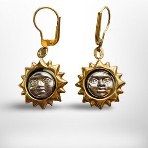 Vintage 14k Gold Two Tone Sun Face Dangle Earrings